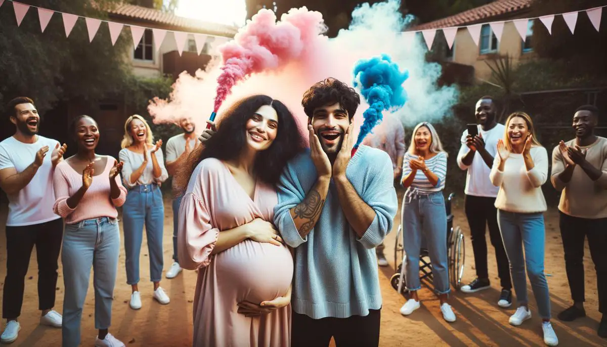 Una pareja activando bombas de humo que liberan una nube de color rosa o azul en un espacio abierto