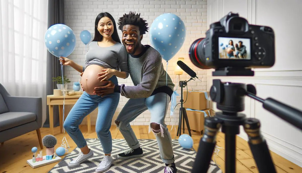 Una pareja grabando un video creativo para redes sociales revelando el género de su bebé