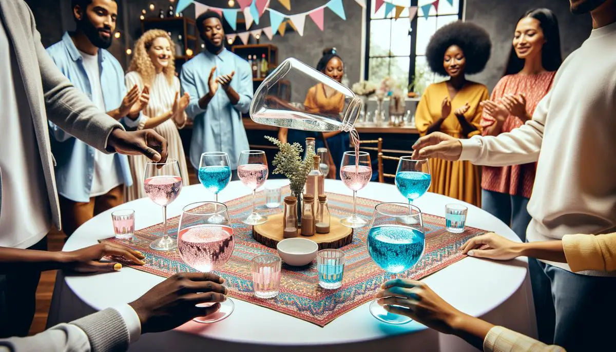 Una mesa con vasos de bebidas transparentes que cambian a color rosa o azul cuando se sirven